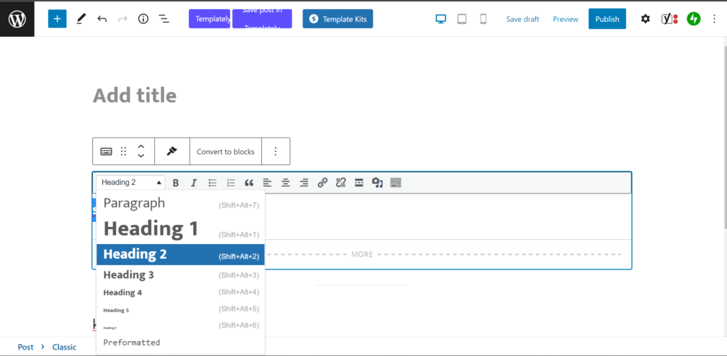 classic editor paragraph highlighted