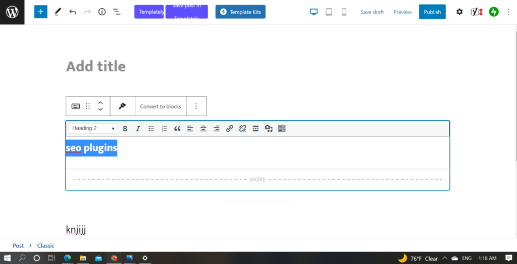 classic editor paragraph highlighted