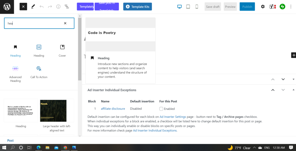  block editor heading