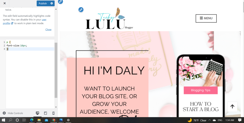  altering the typeface size to '16px