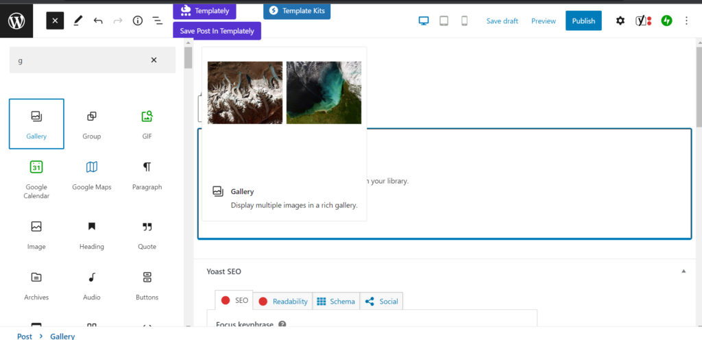 Choosing the Gallery block to contribute to your blog post.