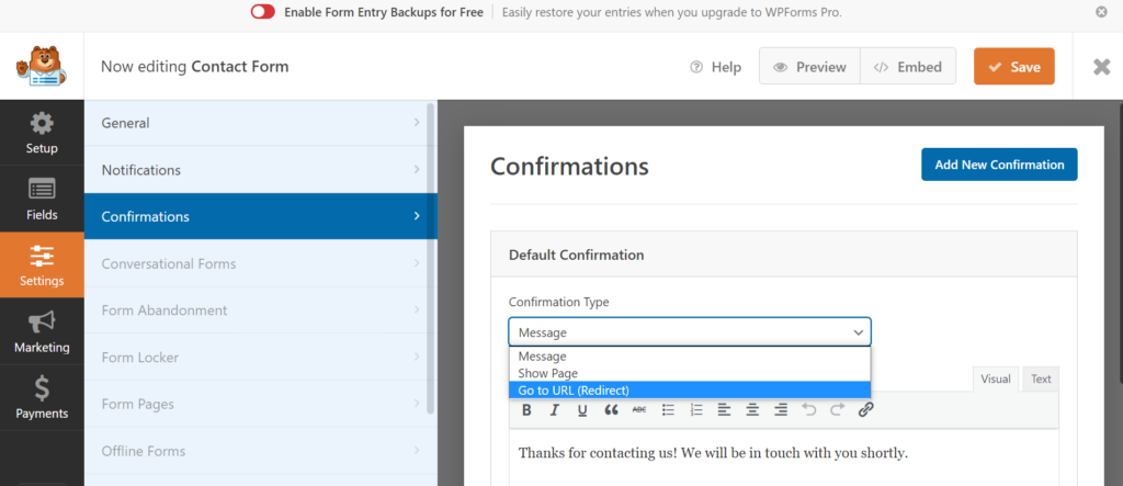 confirmation go URL WPform