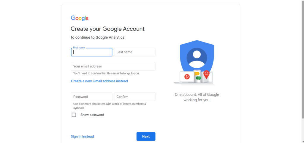 Create account on Google