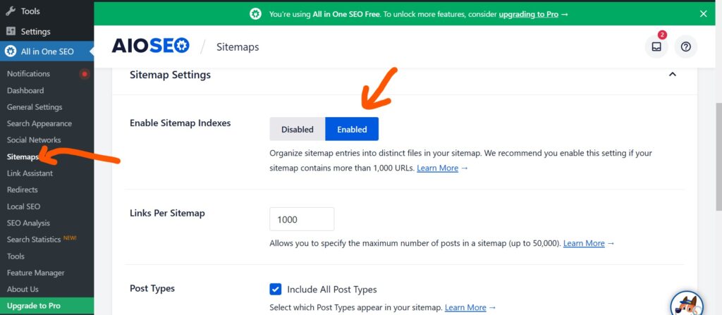 ALL IN ONE SEO enable sitemap